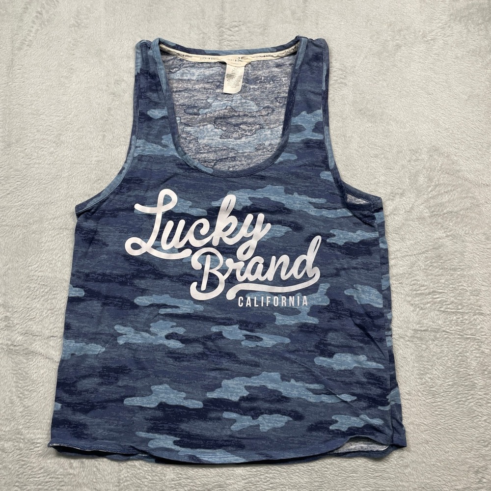 Lucky Brand Tank Top Womens XL Blue Camo Graphic Scoop Neck Stretch Sleeveless